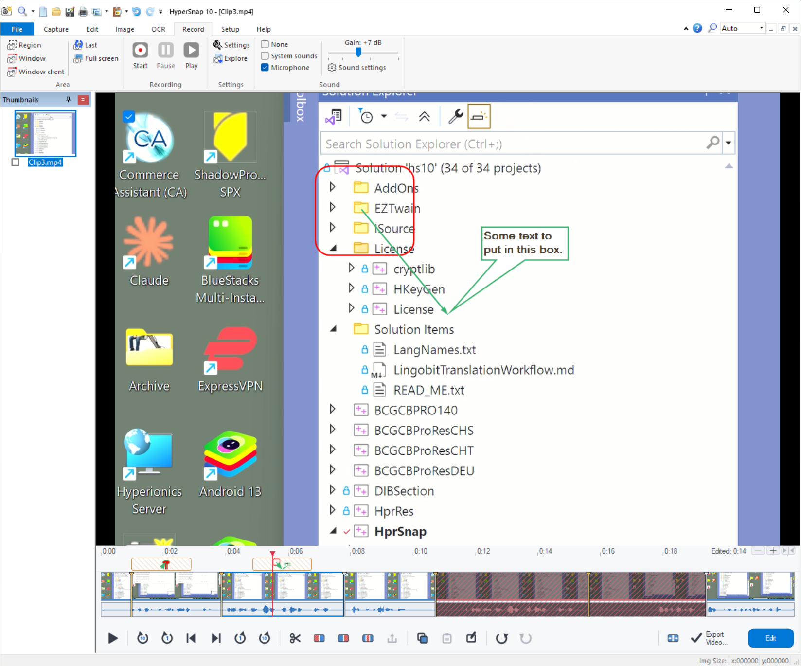 HyperSnap 10 Video Editor showing an MP4 clip, filmstrip timeline, audio waveform, removed section, timed annotations, and Export Video control
